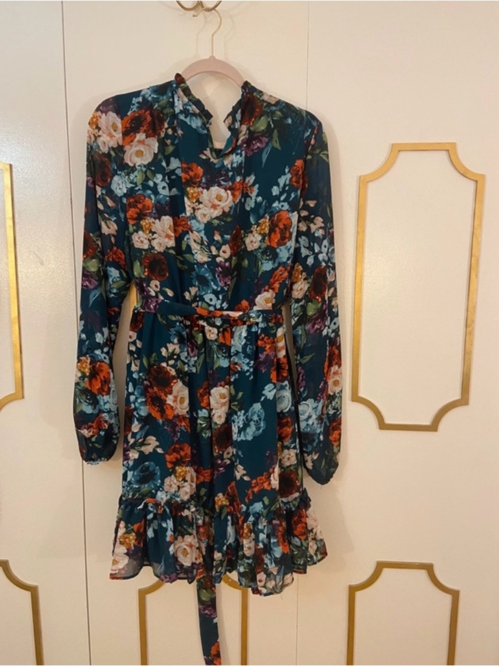 SHEIN Teal Floral Long-Sleeve Ruffled Waist Dress - Picture 2 of 5